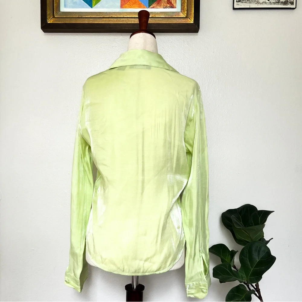 VINTAGE 🍏 Pastel Lime Green Silky Button-up Blouse - Picture 4 of 5